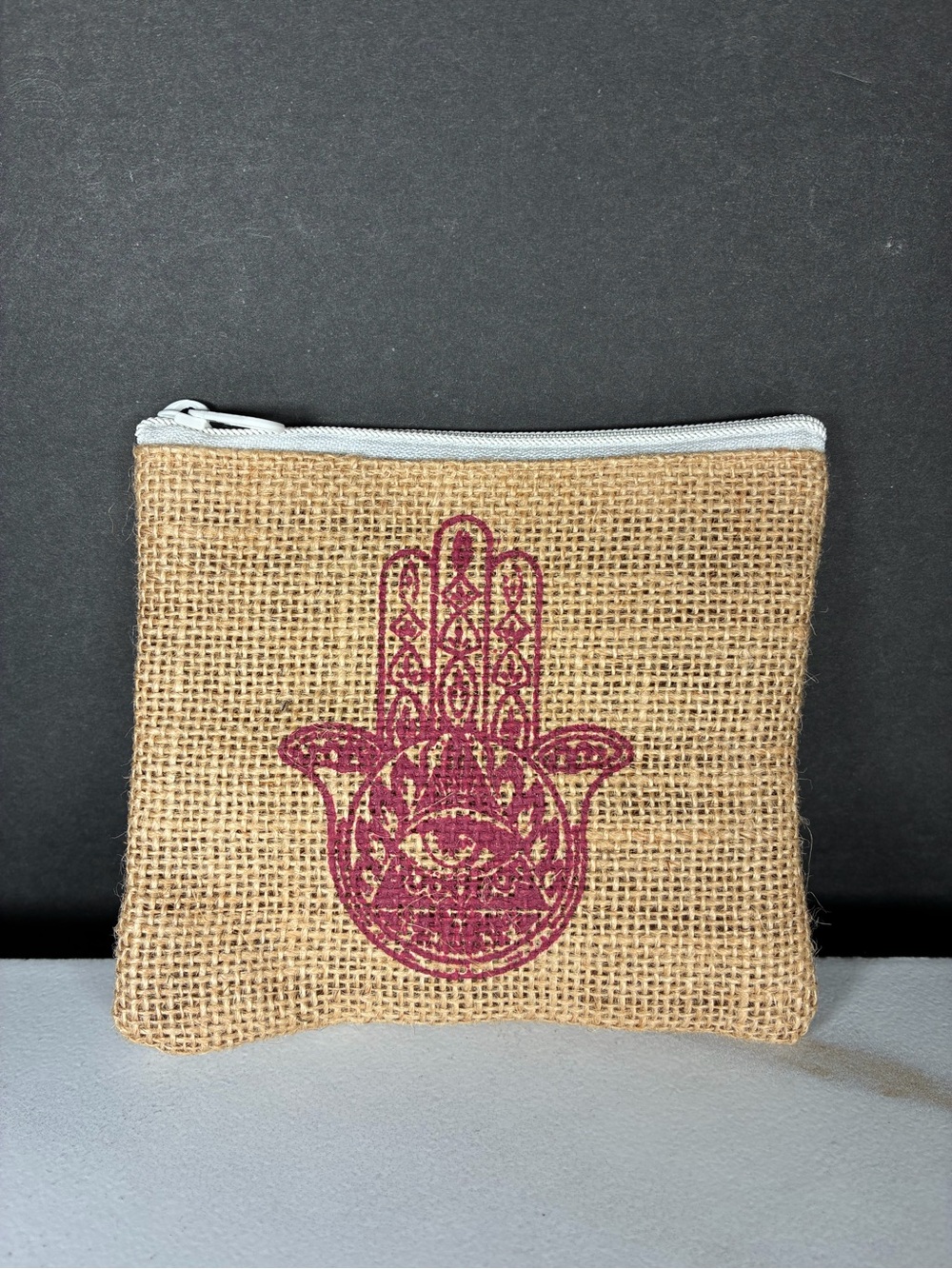 Natural Cotton Zippered Coin Pouch with Red Hamsa Hand Motif 5x4 inches